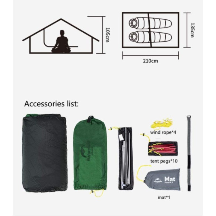 Двомісний намет Naturehike Force UL 2 зелений (NH20ZP080)