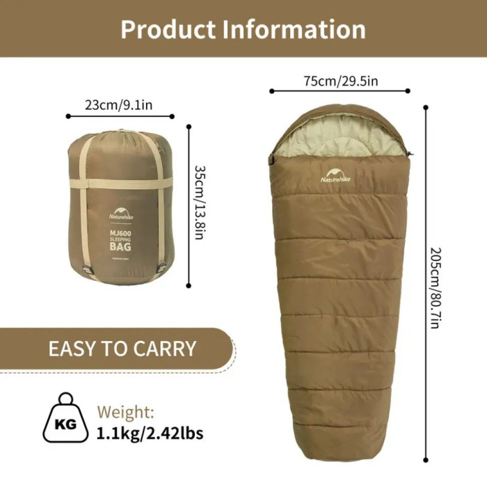 Спальник з капюшоном Naturehike MJ 600 коричневий (CNK2300SD014)
