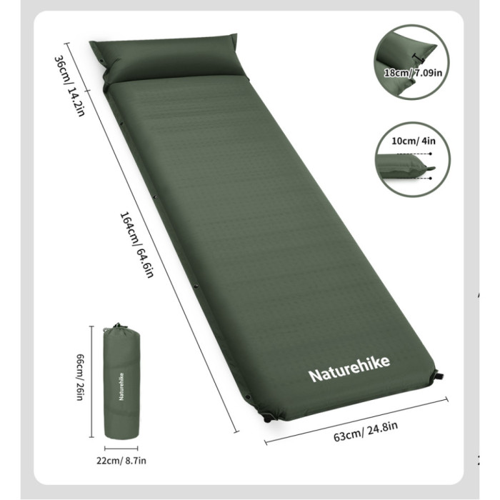 Матрац з подушкою ортопедичний одномісний Naturehike CNK2450WS020, самонадувний, 200х63х10 см, темно-зелений