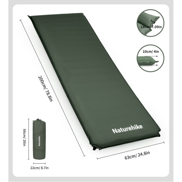 Матрац ортопедичний самонадувний одномісний Naturehike CNK2450WS020, 200х63х10 см, темно-зелений