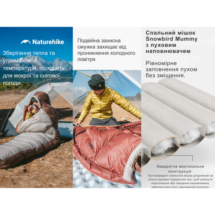 Спальник з натуральним пухом Naturehike Snowbird CNK2550WS014, p-р M, темно-коричневий 400 г