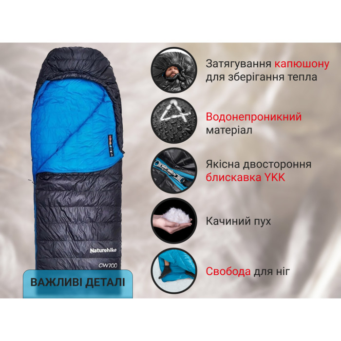 Спальник з натуральним пухом Naturehike CW700 CNK2450WS048, p-р L, чорно-блакитний